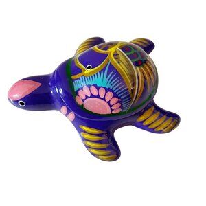 Talavera Mexican Pottery Purple Turtle Trinket Box Lidded Hand Painted 5.5 in